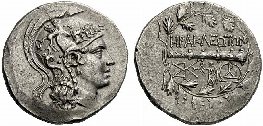  Herakleia Latmos'un yaklaşık M.Ö. 160-145 yılları arasında bastığı çelenkli tabir edilen fotoğraftaki tetradrahmi.